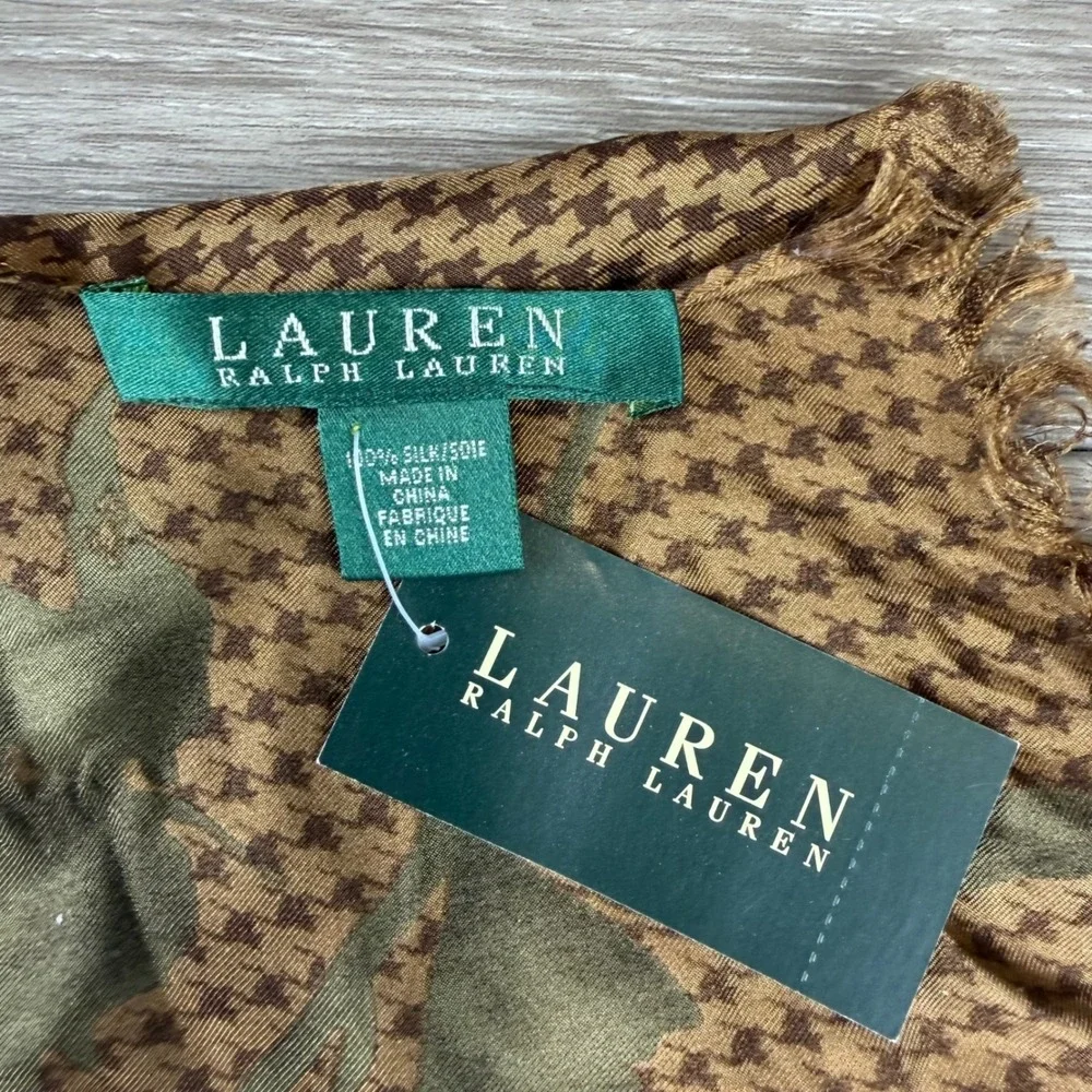 Lauren Ralph Lauren Womens Scarf Silk Floral Houndstooth Brown Purple OS